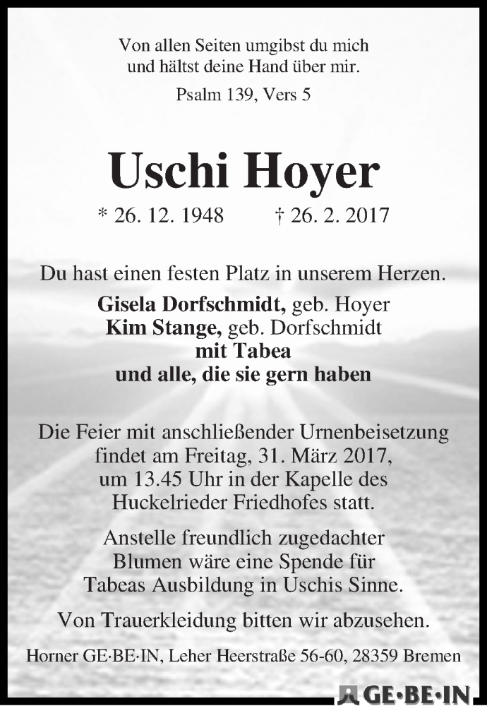 Traueranzeige von Uschi Hoyer von WESER-KURIER
