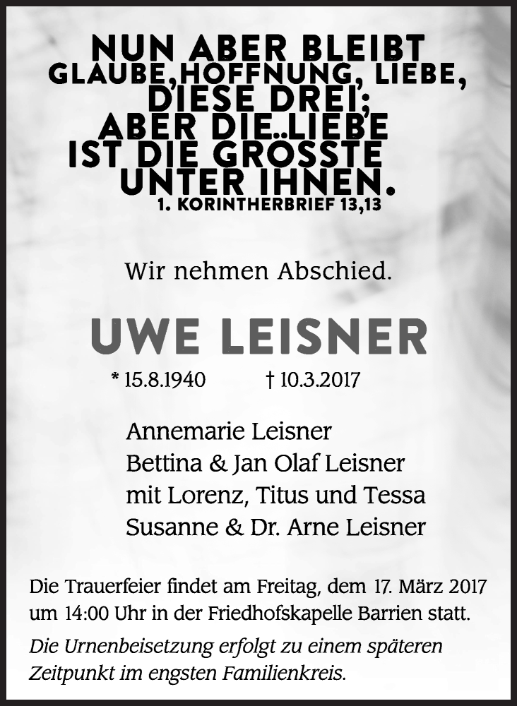 Traueranzeige von Uwe Leisner von Regionale Rundschau/Syker Kurier