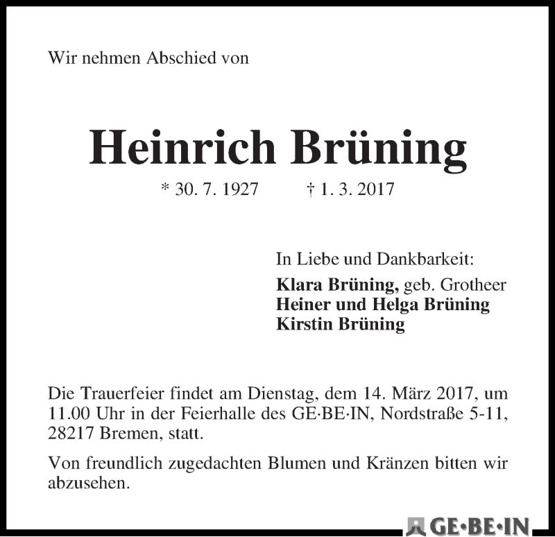Traueranzeige von Heinrich Brüning von WESER-KURIER