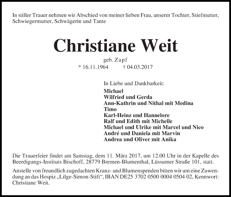 Traueranzeige von Christiane Weit von Die Norddeutsche