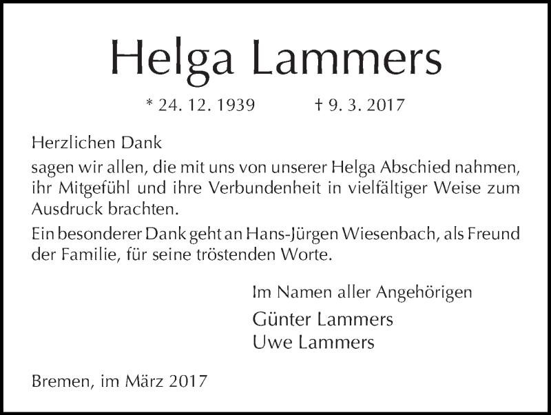 Traueranzeige von Helga Lammers von WESER-KURIER