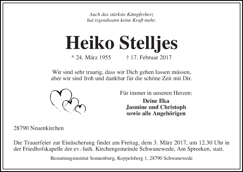 Traueranzeige von Heiko Stelljes von Die Norddeutsche