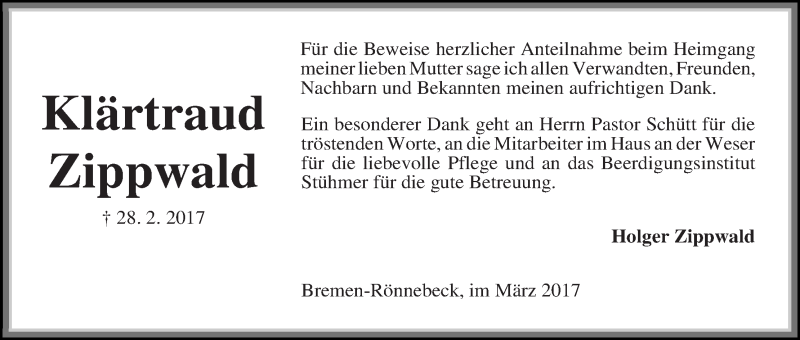 Traueranzeige von Klärtraud Zippwald von Die Norddeutsche