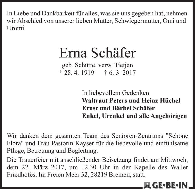Traueranzeige von Erna Schäfer von WESER-KURIER