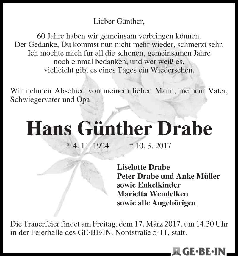 Traueranzeige von Hans Günther Drabe von WESER-KURIER