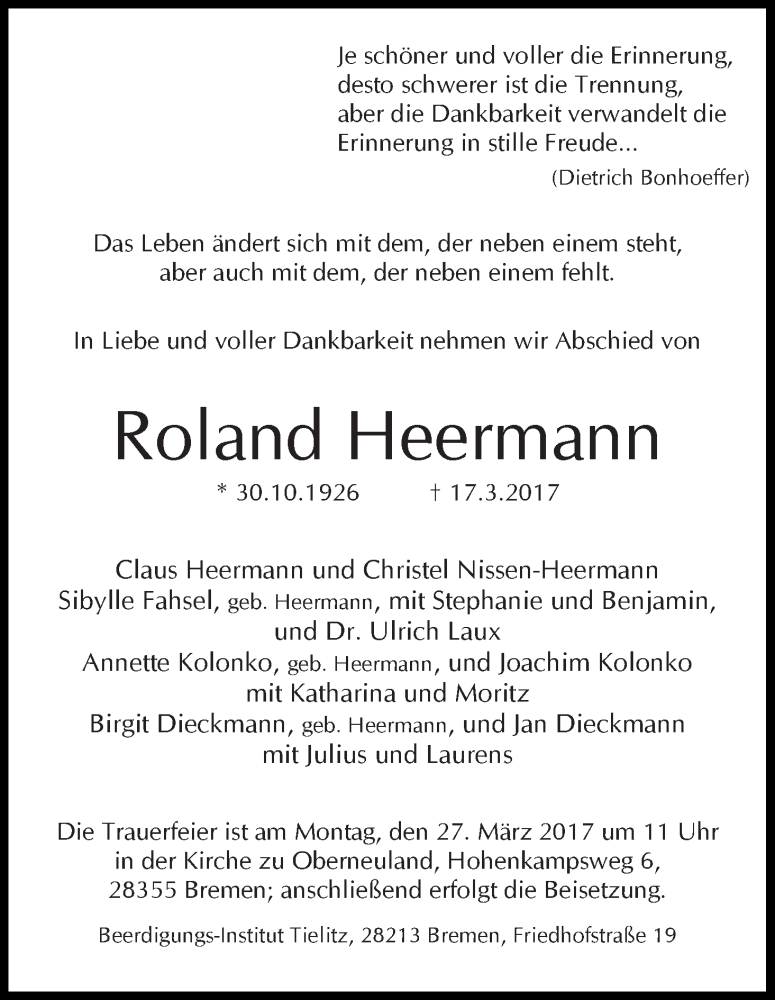 Traueranzeige von Roland Heermann von WESER-KURIER