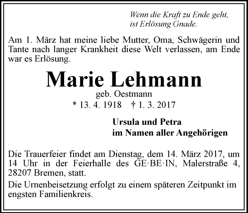 Traueranzeige von Marie Lehmann von Achimer Kurier/Verdener Nachrichten