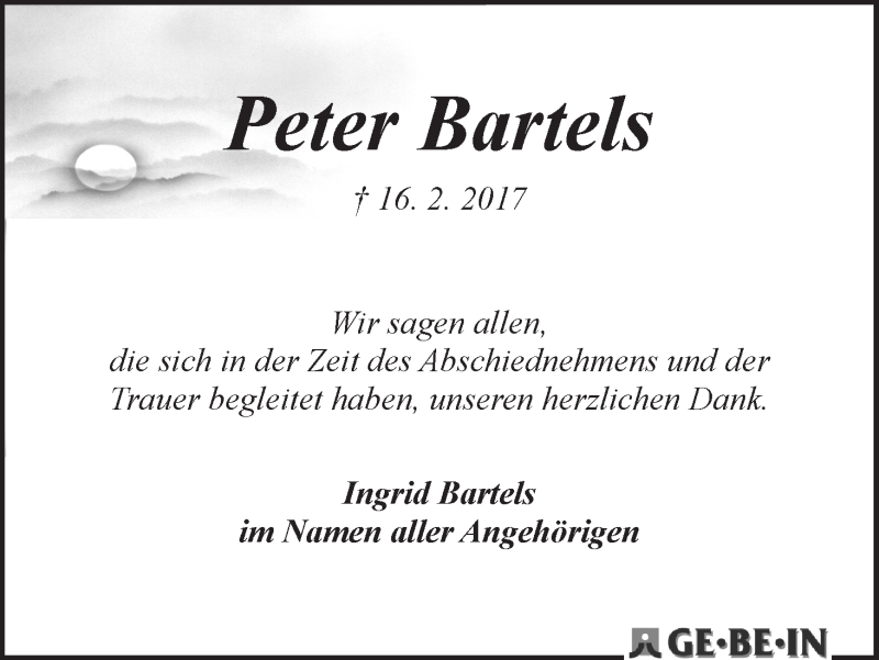  Traueranzeige für Peter Bartels vom 22.03.2017 aus WESER-KURIER