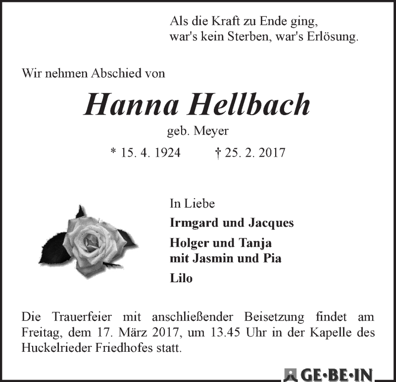 Traueranzeige von Hanna Hellbach von WESER-KURIER