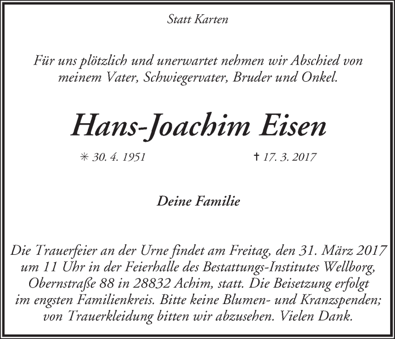 Traueranzeige von Hans-Joachim Eisen von WESER-KURIER