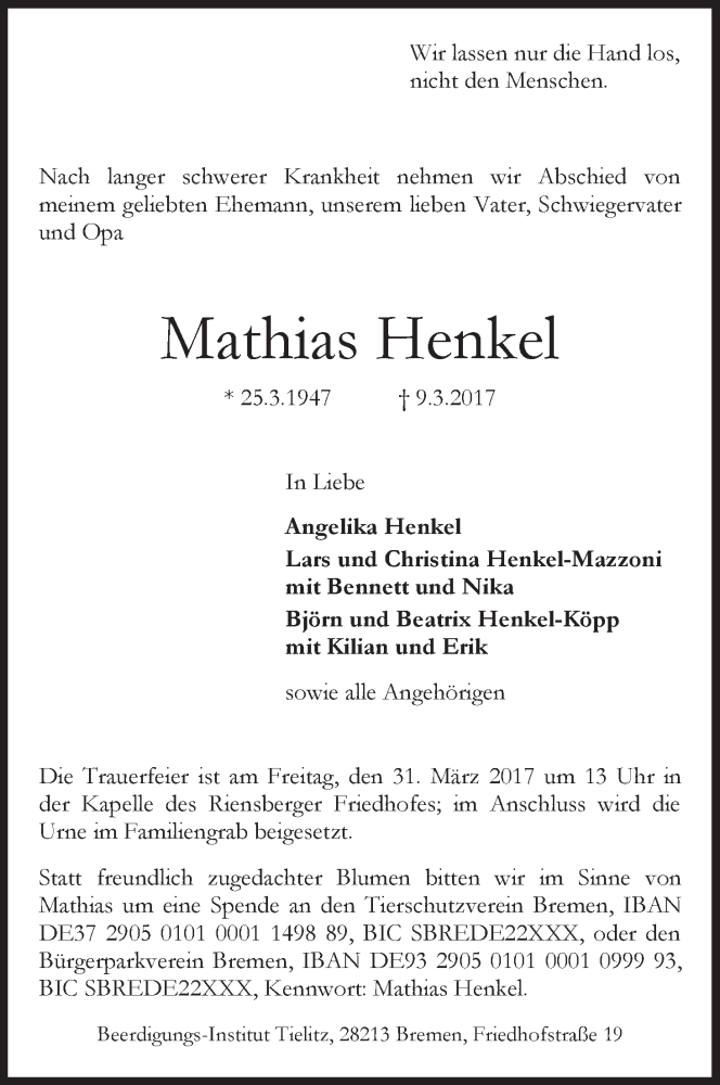 Traueranzeige von Mathias Henkel von WESER-KURIER