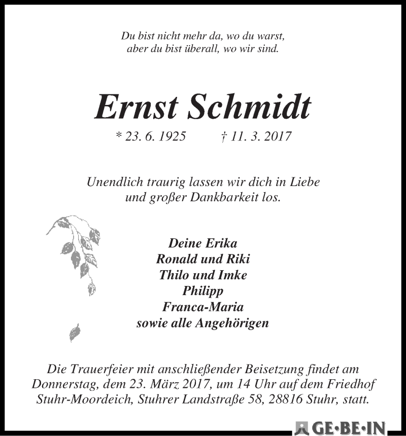 Traueranzeige von Ernst Schmidt von WESER-KURIER