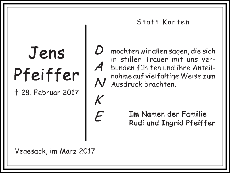 Traueranzeige von Jens Pfeiffer von Die Norddeutsche