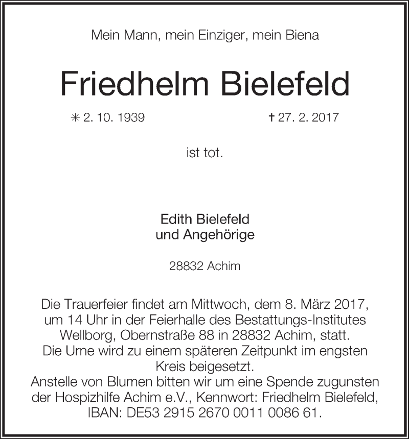 Traueranzeige von Friedhelm Bielefeld von Achimer Kurier/Verdener Nachrichten