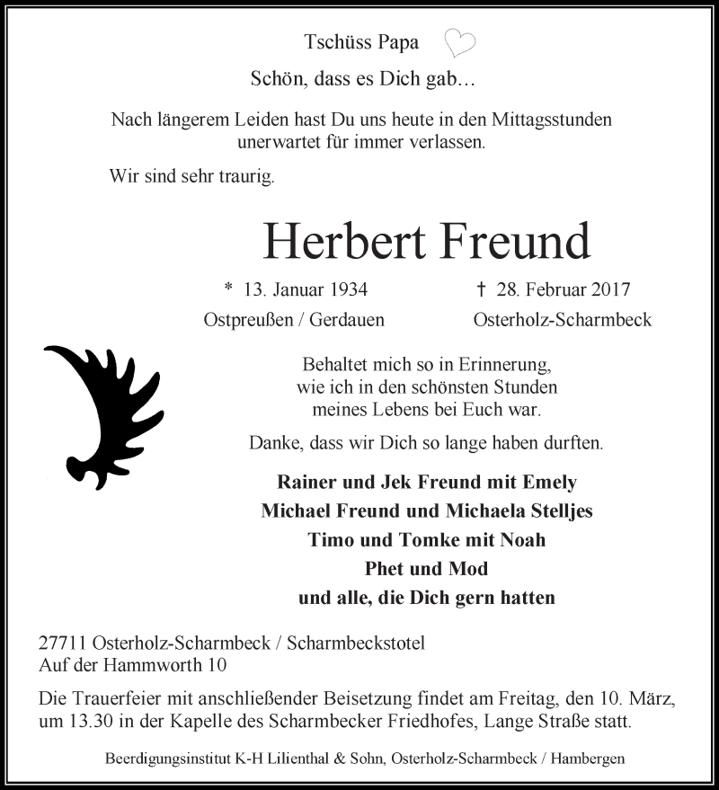 Traueranzeige von Herbert Freund von Osterholzer Kreisblatt