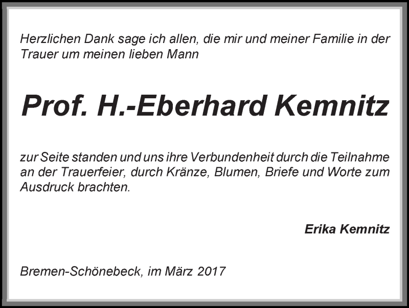 Traueranzeige von H.-Eberhard Kemnitz von Die Norddeutsche