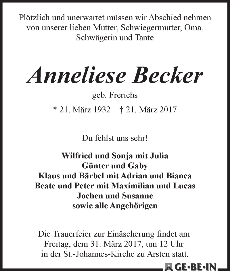 Traueranzeige von Anneliese Becker von WESER-KURIER