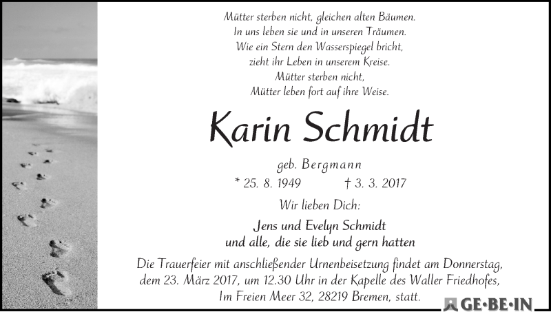 Traueranzeige von Karin Schmidt von WESER-KURIER