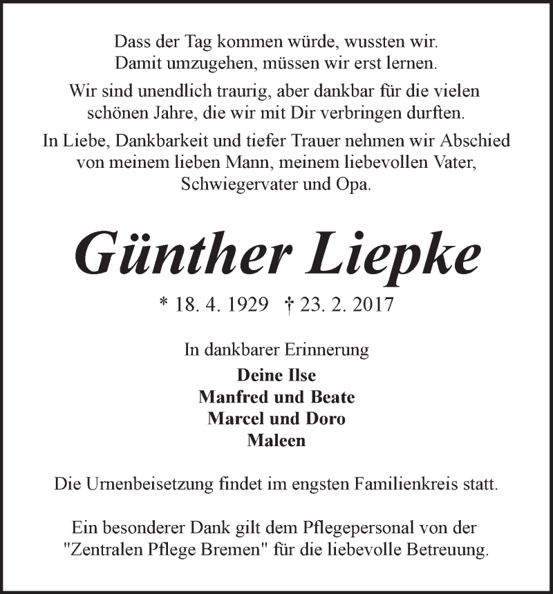 Traueranzeige von Günther Liepke von WESER-KURIER