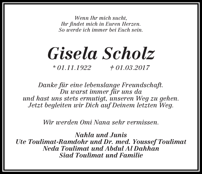 Traueranzeige von Gisela Scholz von WESER-KURIER