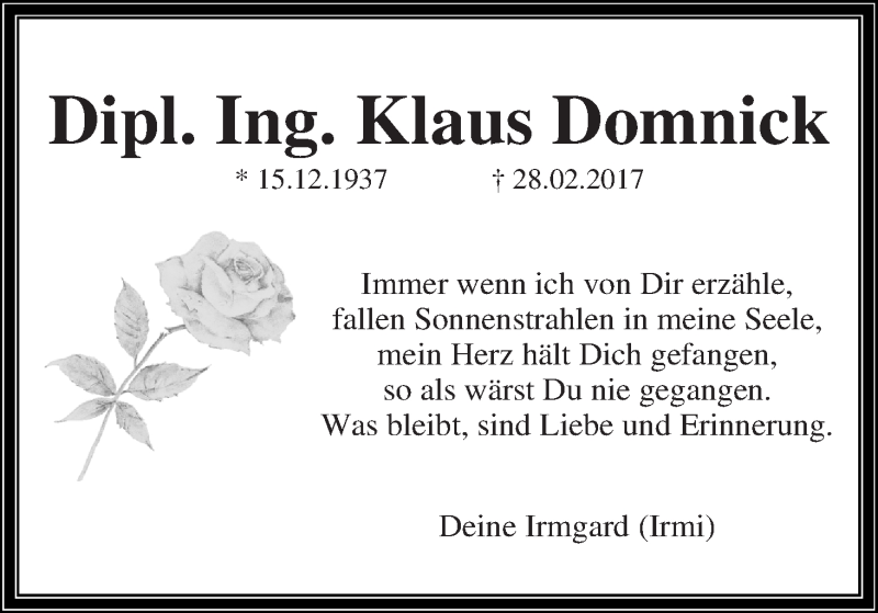 Traueranzeige von Klaus Domnick von WESER-KURIER