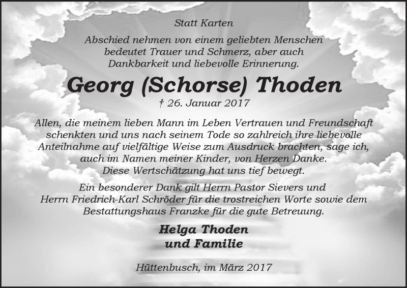 Traueranzeige von Georg (Schorse) Thoden von Wuemme Zeitung