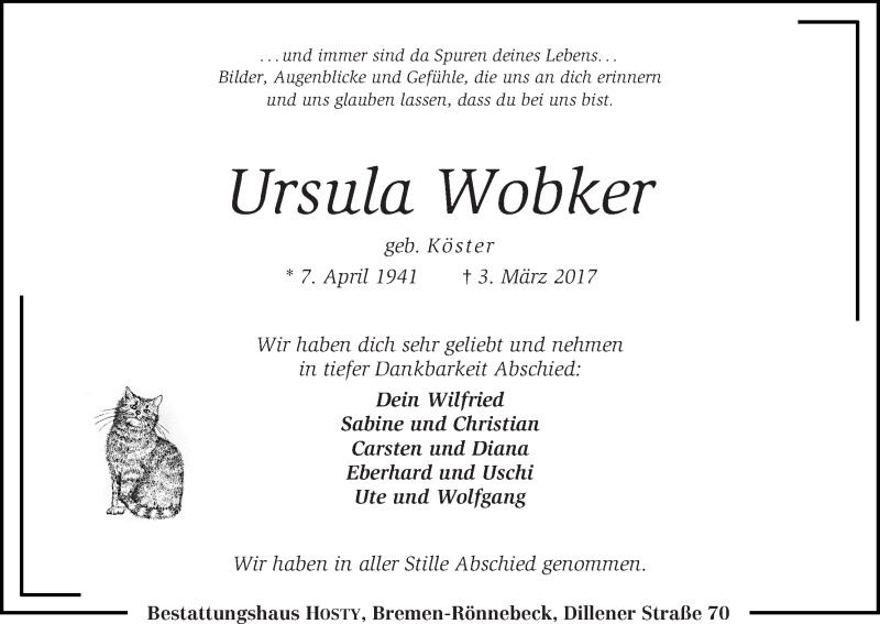 Traueranzeige von Ursula Wobker von Die Norddeutsche