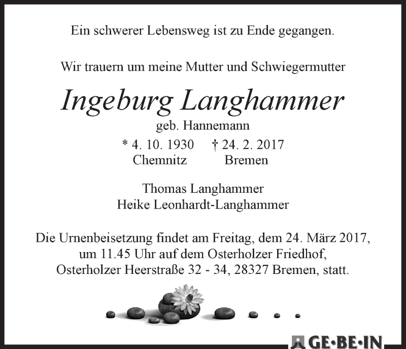 Traueranzeige von Ingeburg Langhammer von WESER-KURIER