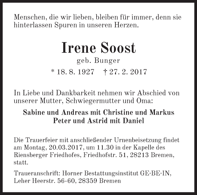 Traueranzeige von Irene Soost von WESER-KURIER