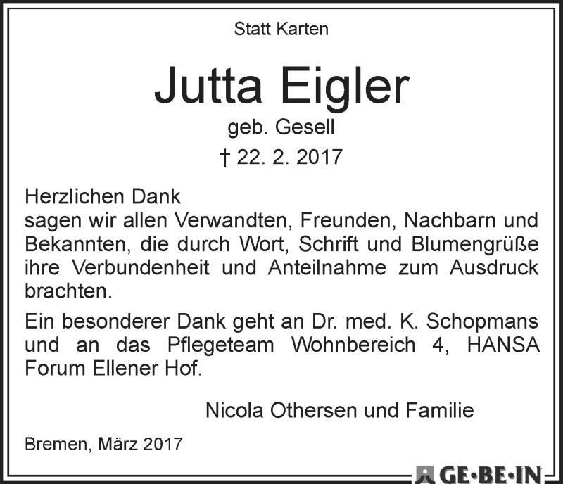 Traueranzeige von Jutta Eigler von WESER-KURIER