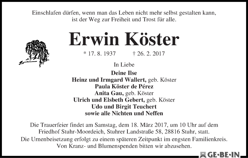 Traueranzeige von Erwin Köster von WESER-KURIER