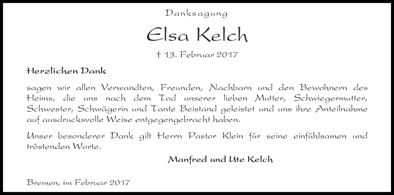 Traueranzeige von Elsa Kelch von Die Norddeutsche