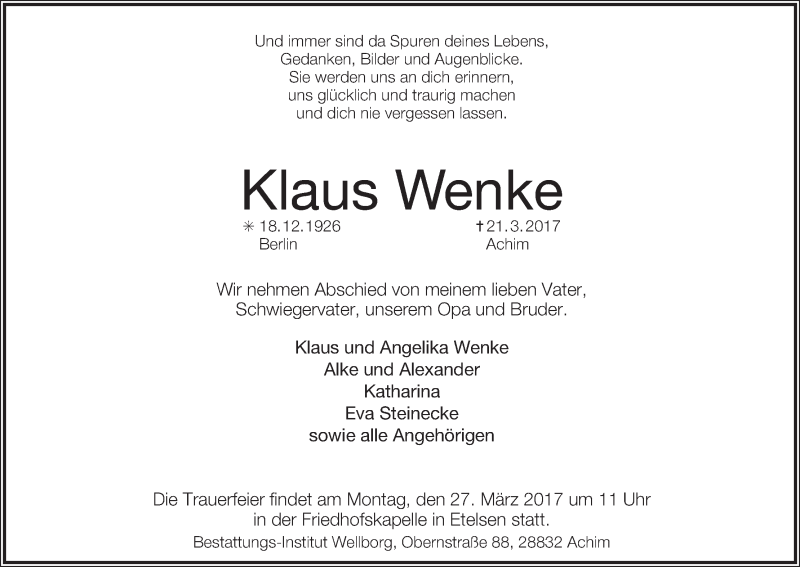 Traueranzeige von Klaus Wenke von WESER-KURIER