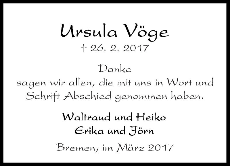 Traueranzeige von Ursula Vöge von WESER-KURIER