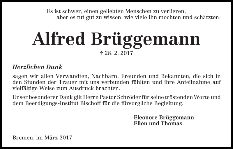 Traueranzeige von Alfred Brüggemann von Die Norddeutsche
