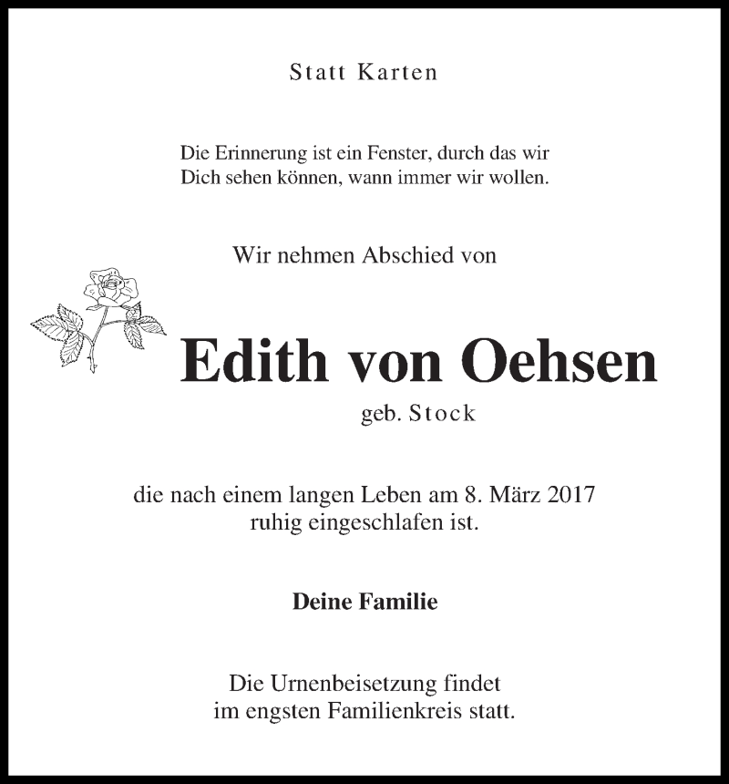 Traueranzeige von Edith von Oehsen von Die Norddeutsche