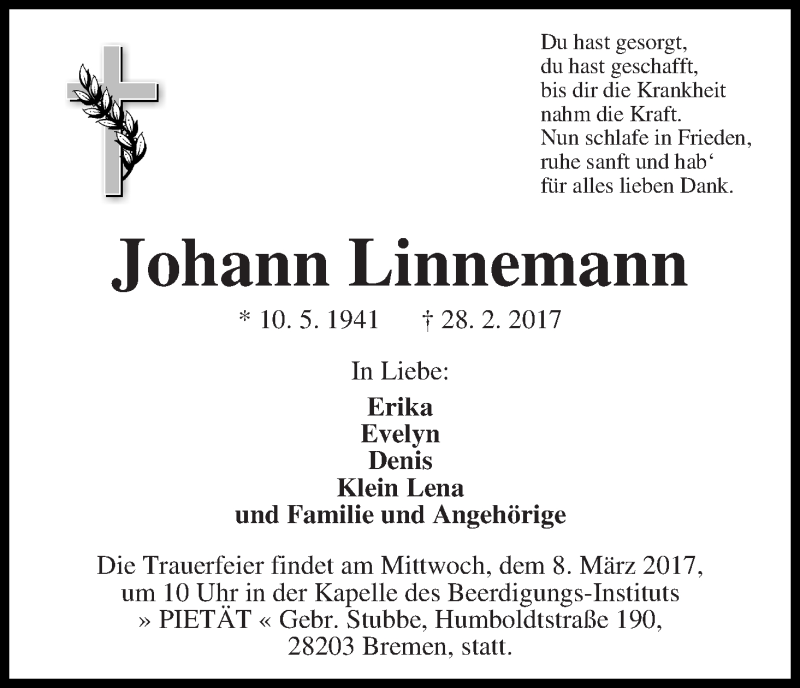 Traueranzeige von Johann Linnemann von WESER-KURIER