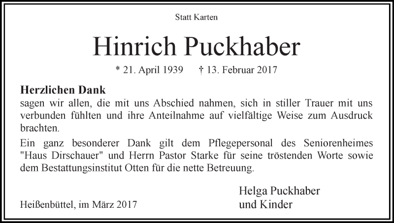 Traueranzeige von Hinrich Puckhaber von Osterholzer Kreisblatt