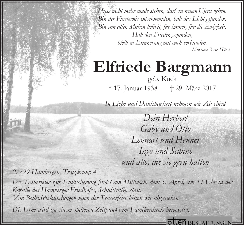 Traueranzeige von Elfriede Bargmann von Osterholzer Kreisblatt