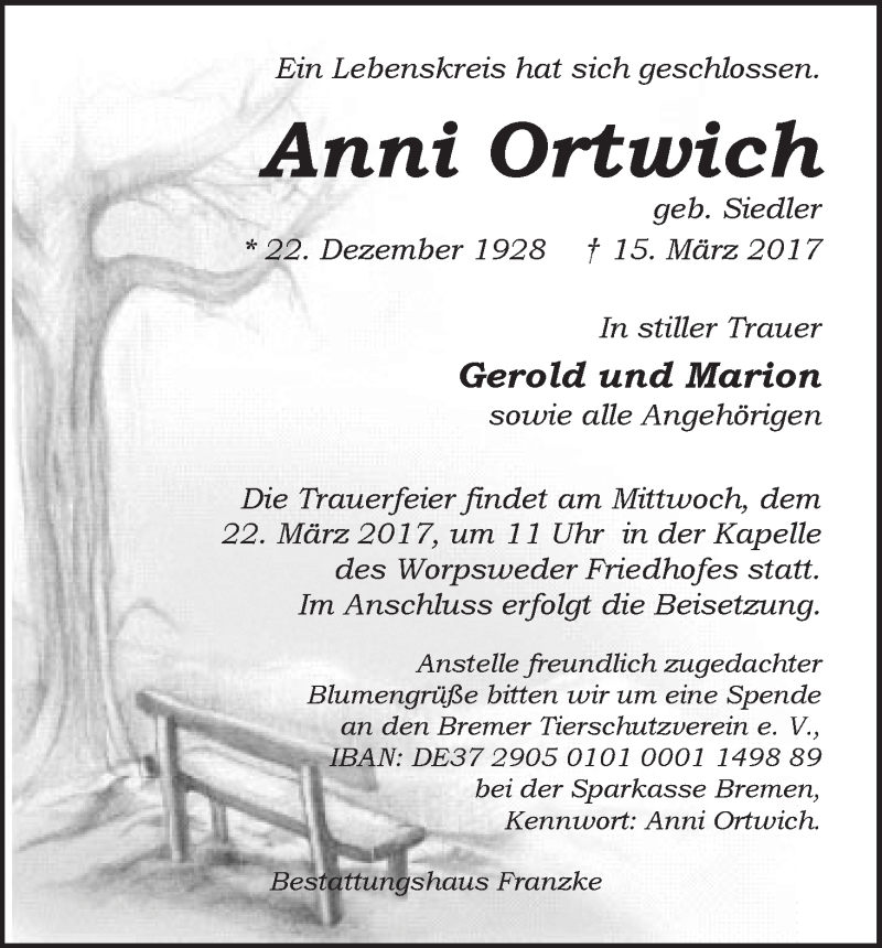 Traueranzeige von Anni Ortwich von Wuemme Zeitung