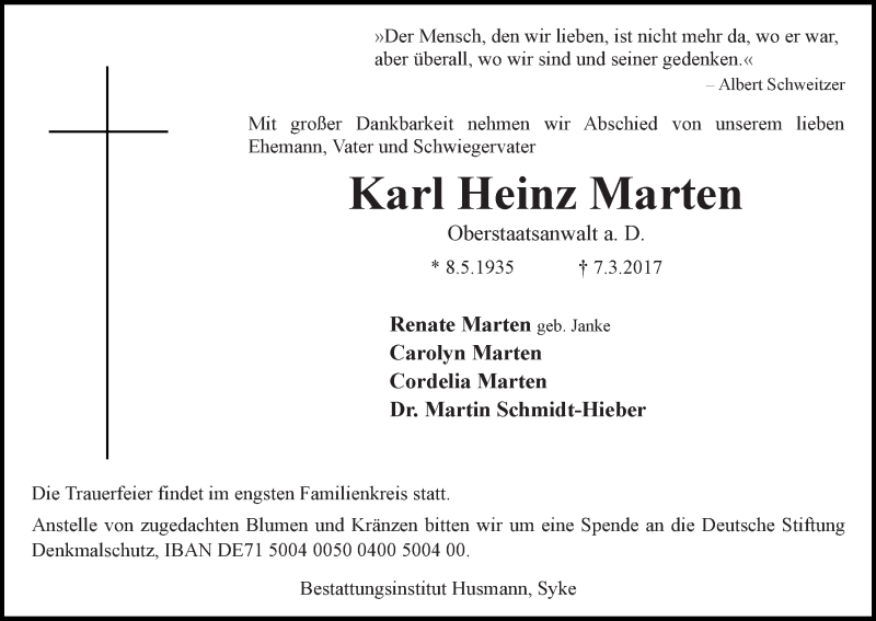 Traueranzeige von Karl Heinz Marten von WESER-KURIER