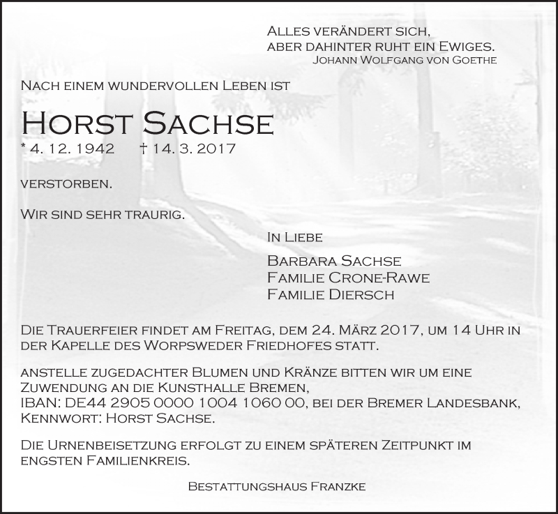 Traueranzeige von Horst Sachse von Wuemme Zeitung