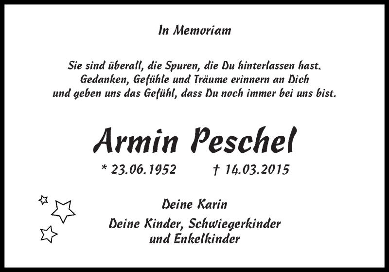  Traueranzeige für Armin Peschel vom 14.03.2017 aus WESER-KURIER