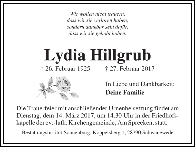 Traueranzeige von Lydia Hillgrub von Die Norddeutsche