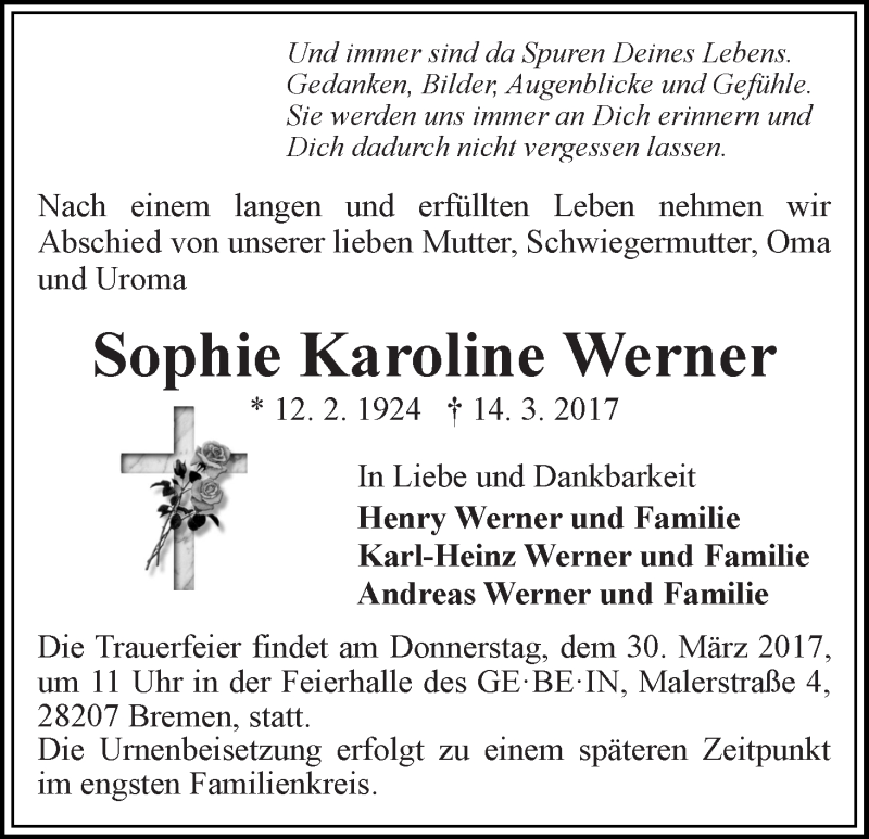 Traueranzeige von Sophie Karoline Werner von WESER-KURIER