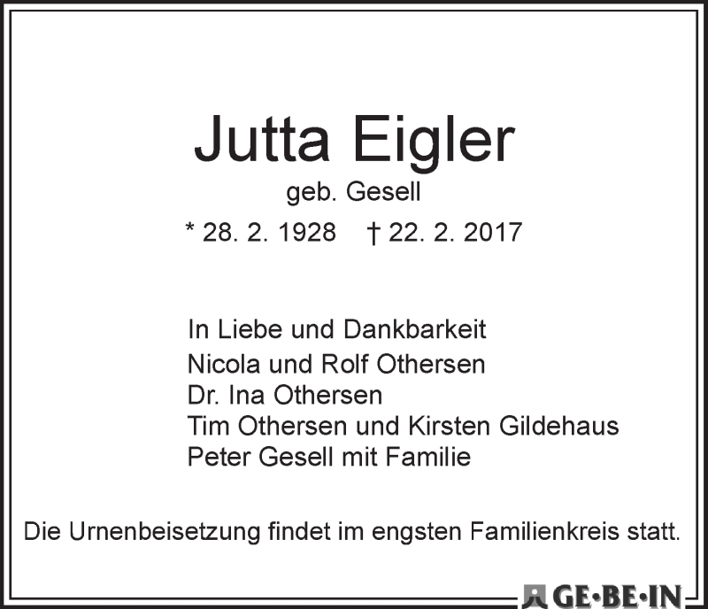 Traueranzeige von Jutta Eigler von WESER-KURIER