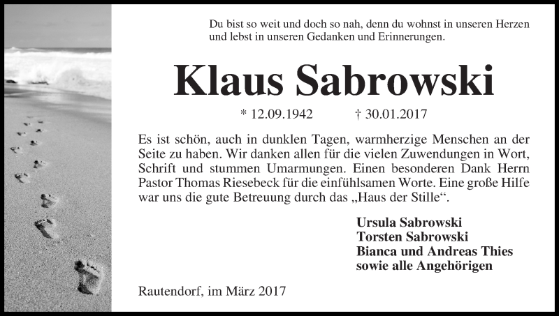 Traueranzeige für Klaus Sabrowski vom 18.03.2017 aus Wuemme Zeitung