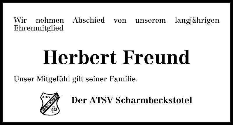Traueranzeige von Herbert Freund von Osterholzer Kreisblatt