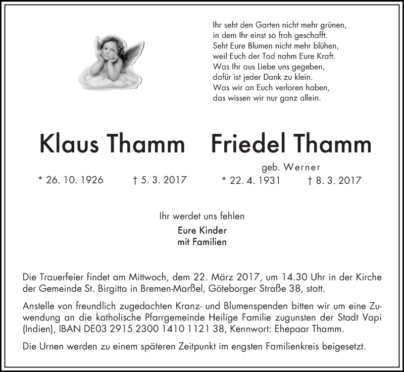 Traueranzeige von Klaus und Friedel Thamm von WESER-KURIER