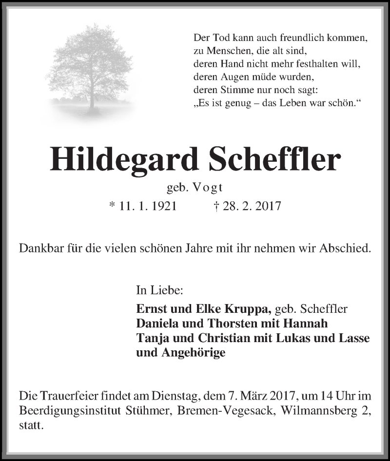 Traueranzeige von Hildegard Scheffler von Die Norddeutsche